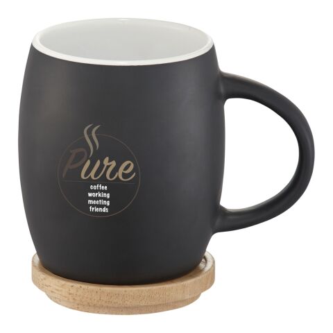 Hearth 400 ml ceramic mug with wooden coaster Standard | Solid black-White | No Branding | not available | not available