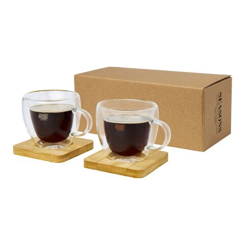 Manti 2-piece 100 ml double-wall glass cup with bamboo coaster Standard | Transparent-Natural | No Branding | not available | not available