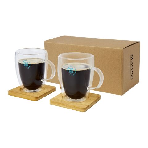 Manti 2-piece 350 ml double-wall glass cup with bamboo coaster Standard | White-Natural | No Branding | not available | not available