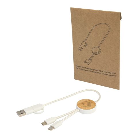 Chechia 5-in-1 recycled plastic 30 cm data sync and 27W fast charge cable with bamboo details Standard | White | No Branding | not available | not available