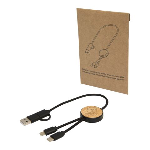 Chechia 5-in-1 recycled plastic 30 cm data sync and 27W fast charge cable with bamboo details Standard | Solid black | No Branding | not available | not available