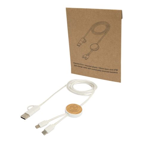 Chechia 5-in-1 recycled plastic 150 cm data sync and 27W fast charge cable with bamboo details Standard | White | No Branding | not available | not available
