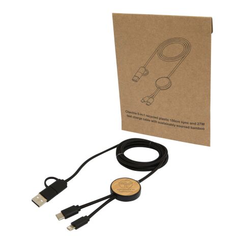 Chechia 5-in-1 recycled plastic 150 cm data sync and 27W fast charge cable with bamboo details Standard | Solid black | No Branding | not available | not available