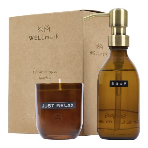 Wellmark Discovery 200 ml hand soap dispenser and 150 g scented candle set - bamboo fragrance Standard | Amber heather | No Branding | not available | not available