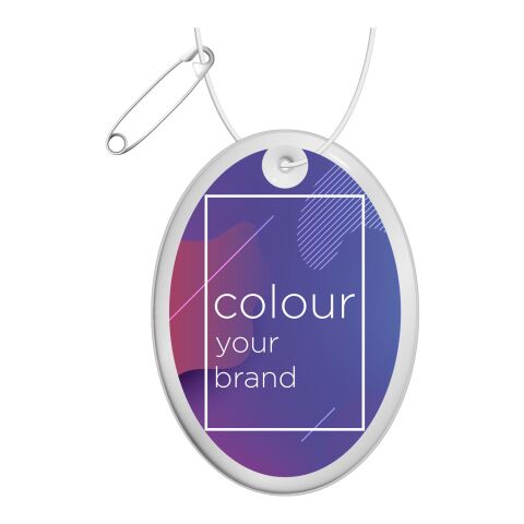 RFX™ oval reflective PVC hanger White | Digital Print | Front (under reflective layer) | 51 mm x 70 mm