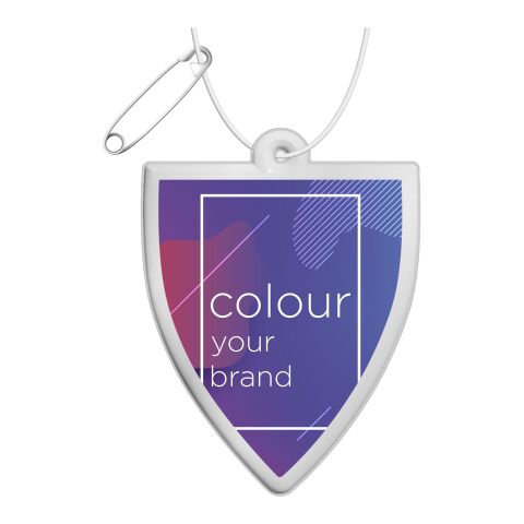 RFX™ badge reflective PVC hanger White | Digital Print | Front (under reflective layer) | 53 mm x 70 mm