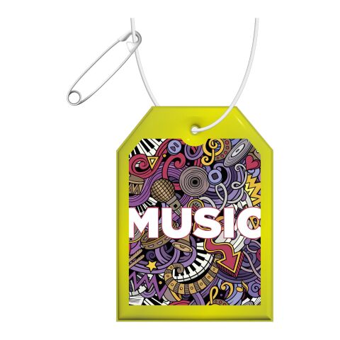 RFX™ tag reflective PVC hanger Neon yellow | 1-color Screen Print | Front (on reflective layer) | 37 mm x 54 mm