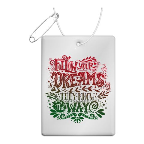 RFX™ rectangular reflective PVC hanger large White | 1-color Screen Print | Back (on reflective layer) | 64 mm x 45 mm