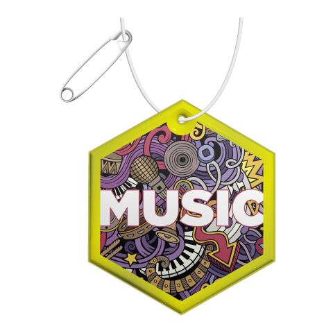 RFX™ hexagon reflective PVC hanger Neon yellow | Digital Print | Front (under reflective layer) | 62 mm x 54 mm