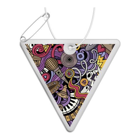 RFX™ inverted triangle reflective PVC hanger White | Digital Print | Front (under reflective layer) | 70 mm x 65 mm