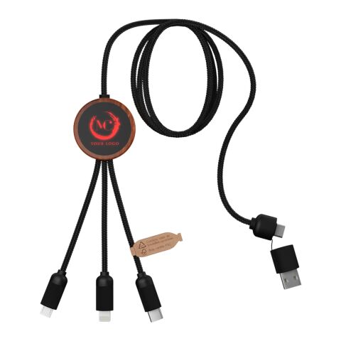 SCX.design C37 3-in-1 rPET light-up logo charging cable with round wooden casing