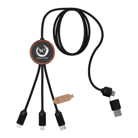 SCX.design C37 3-in-1 rPET light-up logo charging cable with round wooden casing Wood | No Branding | not available | not available
