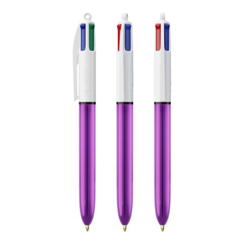 BIC® 4 Colours Shine ballpen + Lanyard White-metallic purple | 1-colour Screen Print | Barrel-Clip centered | 30.00 mm x 43.00 mm
