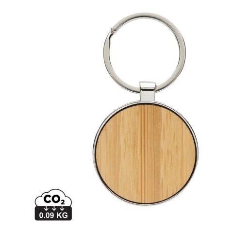 RCS recycled zinc alloy round keychain with bamboo silver-brown | No Branding | not available | not available