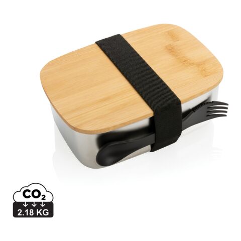Stainless steel lunchbox with bamboo lid and spork silver | No Branding | not available | not available
