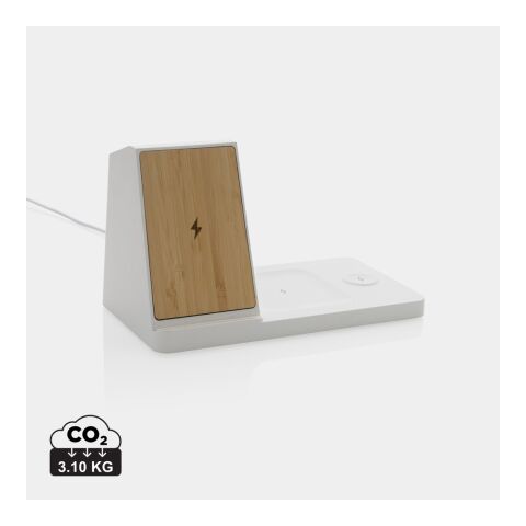 Ontario recycled plastic &amp; bamboo 3-in-1 wireless charger white | No Branding | not available | not available
