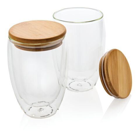Double wall borosilicate glass with bamboo lid 350ml 2pc set white | No Branding | not available | not available