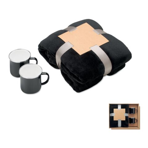 Fleece blanket &amp; 2 mugs set black