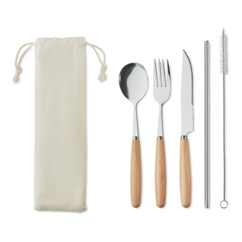 Cutlery wood &amp; stainless steel set beige | Without Branding | not available | not available | not available