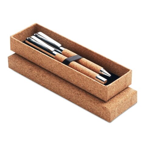 Metal ballpoint pen set in cork box