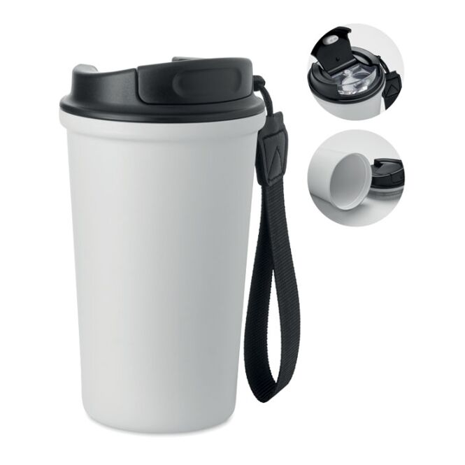 Promotional Travel Mug Recycled Steel – white – with custom logo print 400ml double-walled leak-proof lid branded mug for events