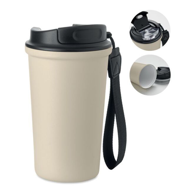 Promotional Product Travel Mug – beige – with custom logo print 400ml double-walled vacuum insulated branded mug for office use