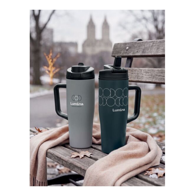 Branded Merchandise Thermal Mug Double-Walled 900ml – grey – with custom logo print, leak-proof lid, BPA-free insulated travel tumbler