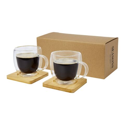 Manti 2-piece 250 ml double-wall glass cup with bamboo coaster Standard | White-Natural | Not applicable | No Branding | not available | not available