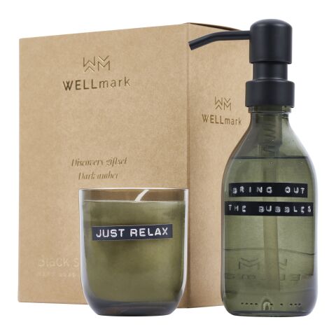 Wellmark Discovery 200 ml hand soap dispenser and 150 g scented candle set - dark amber fragrance Standard | Forest green | No Branding | not available | not available