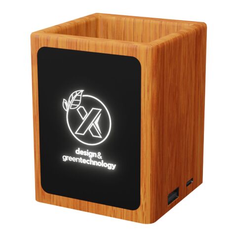SCX.design O12 wooden light-up logo pencil holder with dual USB output Brown | Light Up Logo | front | 40 mm x 35 mm