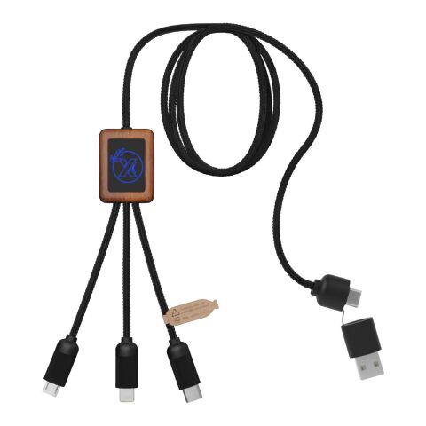 SCX.design C38 3-in-1 rPET light-up logo charging cable with squared wooden casing Blue-Wood | not available | No Branding | not available | not available