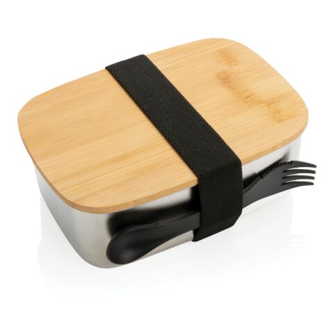 Stainless steel lunchbox with bamboo lid and spork silver | No Branding | not available | not available