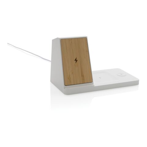 Ontario recycled plastic &amp; bamboo 3-in-1 wireless charger white | No Branding | not available | not available
