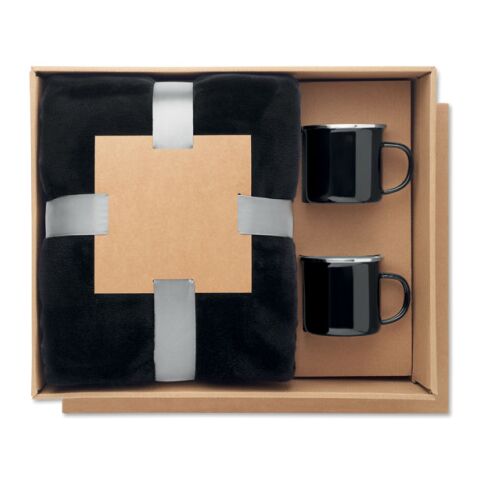 Fleece blanket &amp; 2 mugs set black