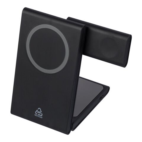 Recycled ABS 3-in-1 magnetic wireless charger Valerio black | No Branding