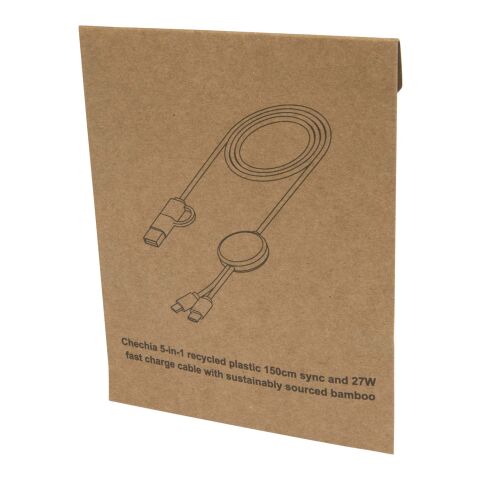 Chechia 5-in-1 recycled plastic 150 cm data sync and 27W fast charge cable with bamboo details Standard | Solid black | not available | No Branding | not available | not available