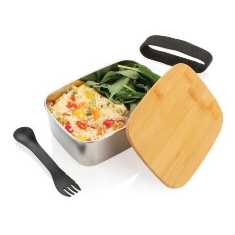 Stainless steel lunchbox with bamboo lid and spork silver | No Branding | not available | not available