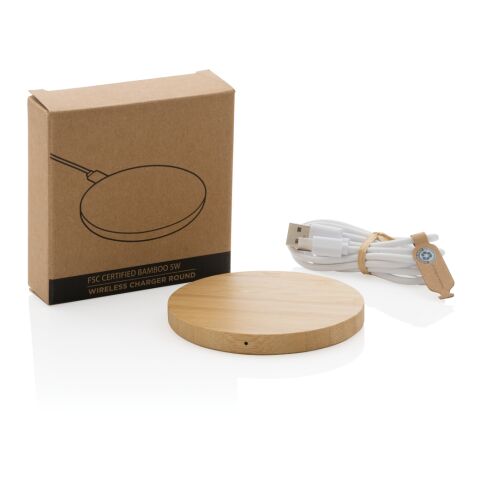 FSC®certified bamboo 5W wireless charger round brown | No Branding | not available | not available