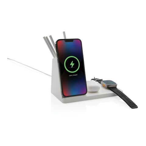 Ontario recycled plastic &amp; bamboo 3-in-1 wireless charger white | No Branding | not available | not available