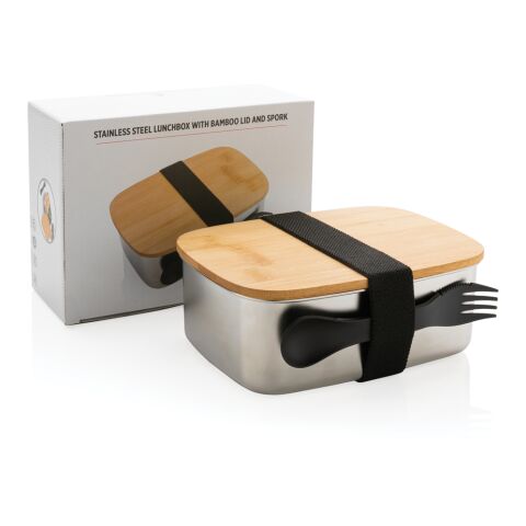 Stainless steel lunchbox with bamboo lid and spork silver | No Branding | not available | not available