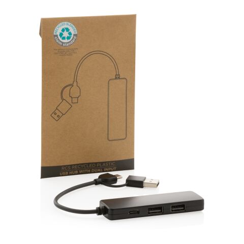 RCS recycled plastic USB hub with dual input black | No Branding | not available | not available