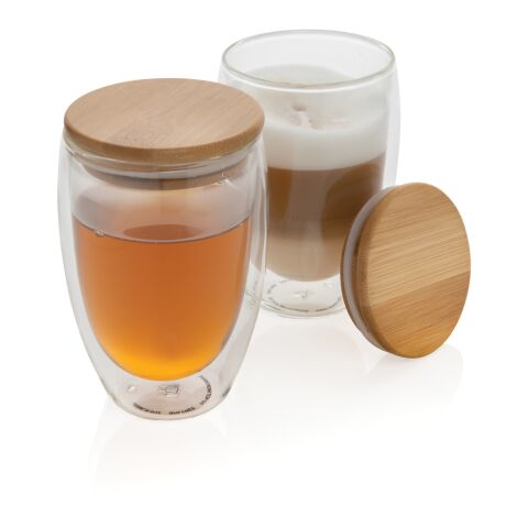 Double wall borosilicate glass with bamboo lid 350ml 2pc set White | No Branding | not available | not available
