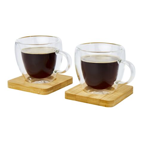 Manti 2-piece 100 ml double-wall glass cup with bamboo coaster Standard | White-Natural | Not applicable | No Branding | not available | not available