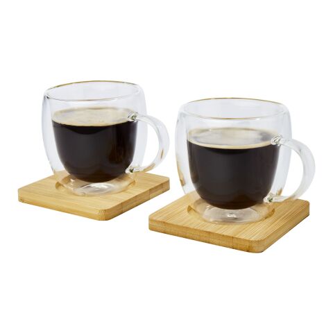 Manti 2-piece 250 ml double-wall glass cup with bamboo coaster Standard | White-Natural | Not applicable | No Branding | not available | not available