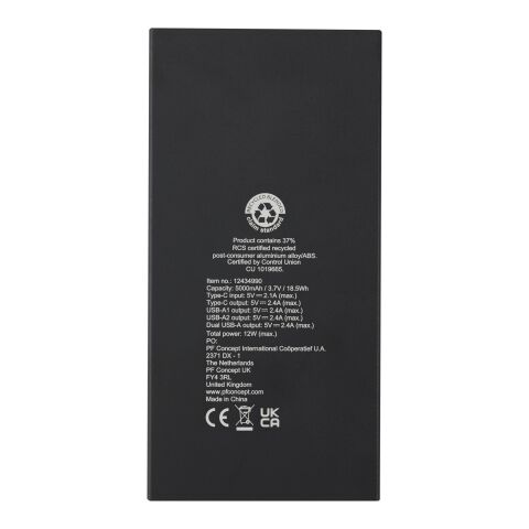Connect 5000 mAh RCS recycled aluminium power bank Standard | Solid black | No Branding | not available | not available