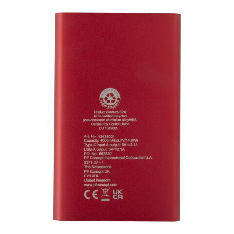 Pep 4000 mAh Type-C recycled aluminium power bank Standard | Red | Not applicable | No Branding | not available | not available