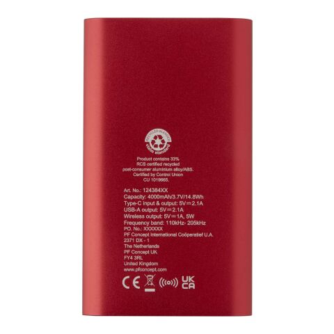 Juice 4000 mAh Type-C recycled aluminium wireless power bank Standard | Red | Not applicable | No Branding | not available | not available