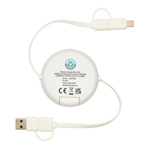 Chechia 5-in-1 recycled plastic 100 cm retractable data sync and 45W fast charge cable Standard | White | not available | No Branding | not available | not available