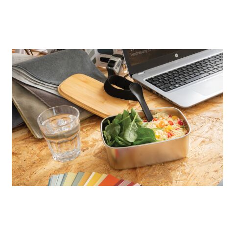 Stainless steel lunchbox with bamboo lid and spork silver | No Branding | not available | not available