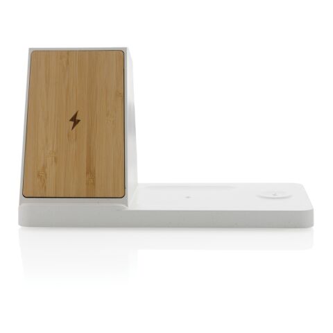 Ontario recycled plastic &amp; bamboo 3-in-1 wireless charger white | No Branding | not available | not available